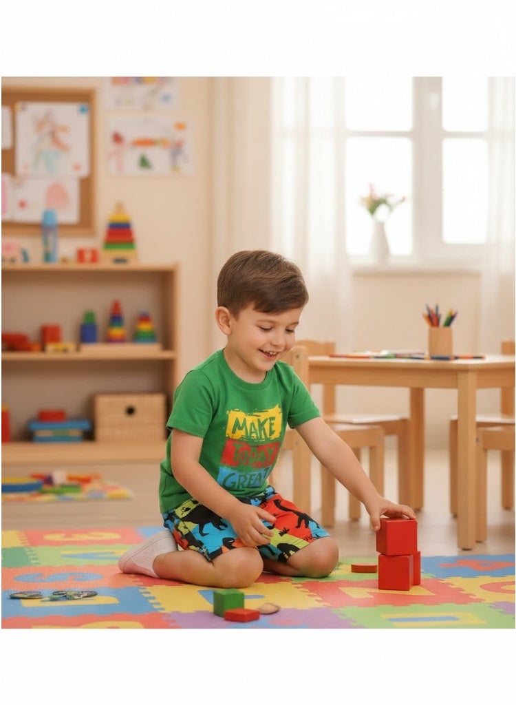 ديناصورز طقم صيفي أولادي قطعتين للأطفال، تيشيرت قطن نص كم بطباعة حروف وديناصور مع شورت، ملابس مريحة وناعمة للأطفال من عمر 1 إلى 4 سنوات، مناسب للاستخدام اليومي والخروجات - Image 3